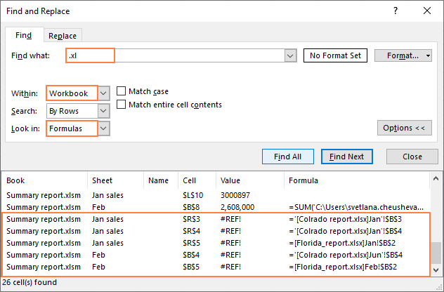 Searching for cell that contains broken links