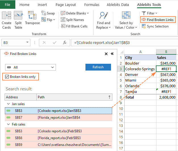 Find broken links in Excel with a click