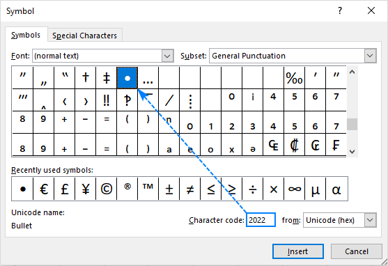 Find and insert a bullet symbol by its character code.