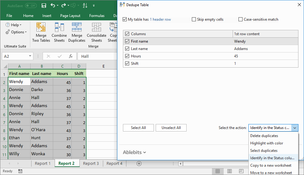 Identify duplicate rows by choosing several key columns