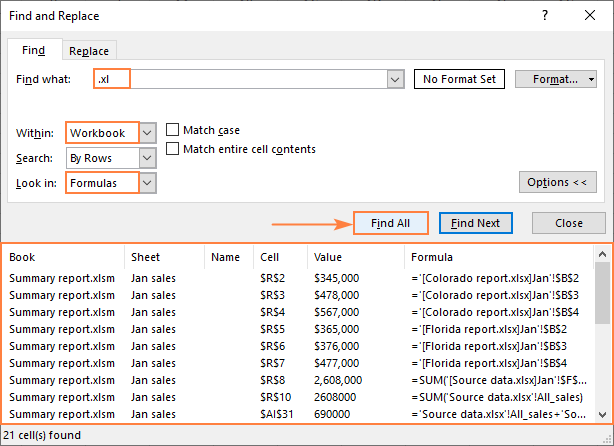 Find cells with external links in Excel.