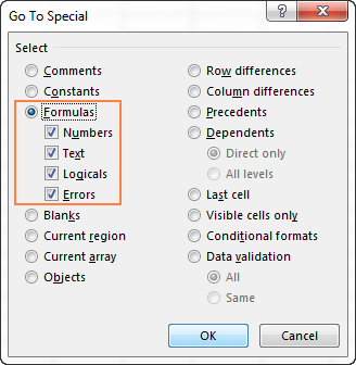 Check the boxes corresponding to the formula results you want to find.