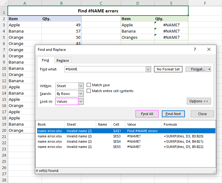 Find and remove #NAME errors in Excel.