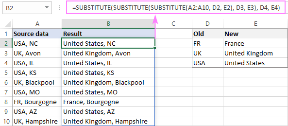 Find and replace multiple values with nested SUBSTITUTE in Excel 365