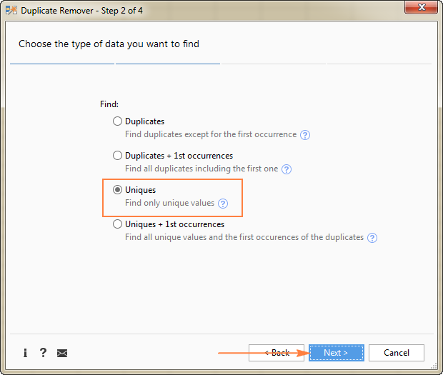 Choose the value type you want to find: unique or distinct values.