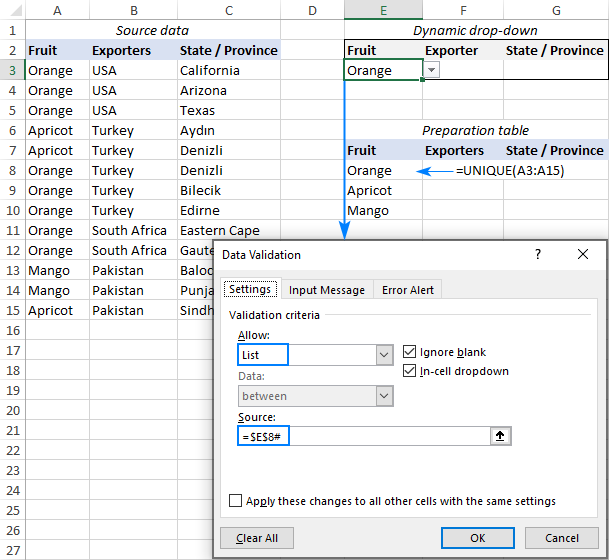 Setting up the first drop down list