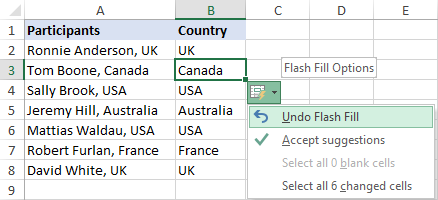 Excel Flash Fill options