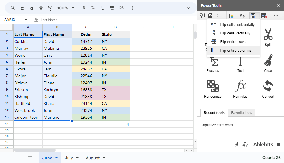 Flip adjacent data ranges along with their formatting.