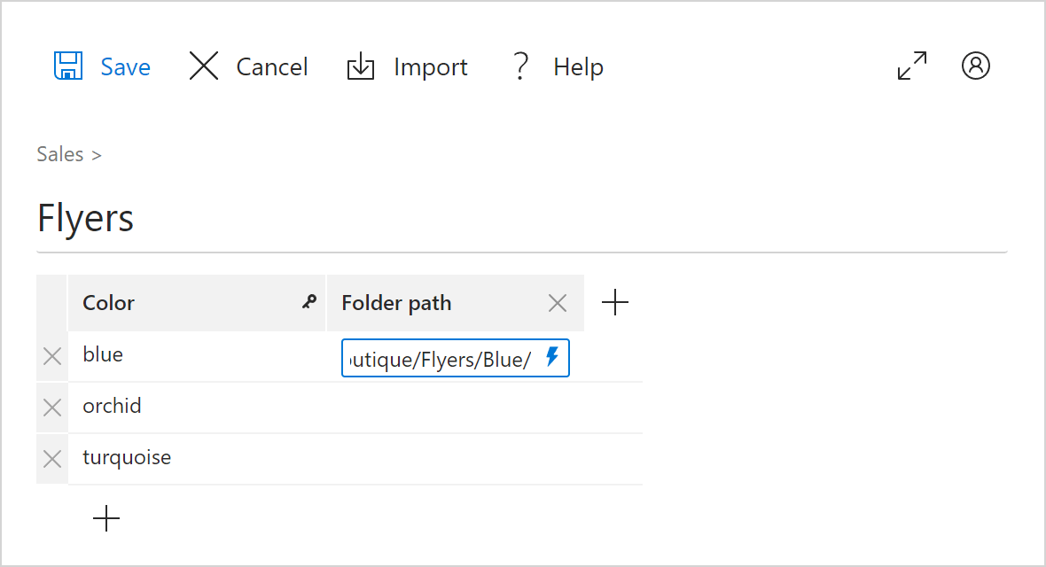 A folder path in a dataset cell