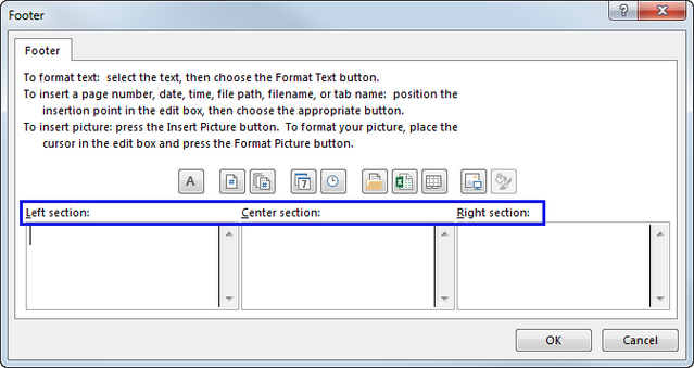 Define the location for the page number by clicking inside the Left section:, Center section:, or Right section: box