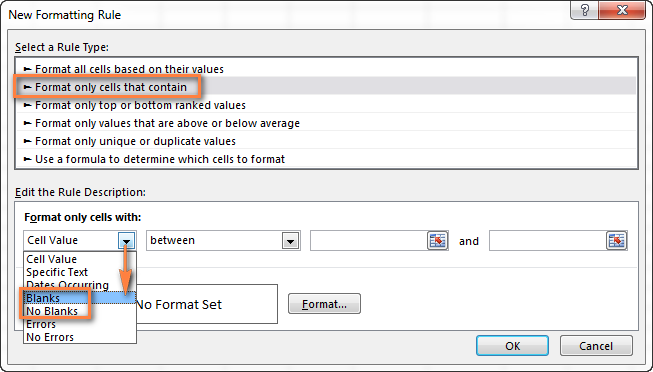 A rule to format blank and non-blank cells in Excel