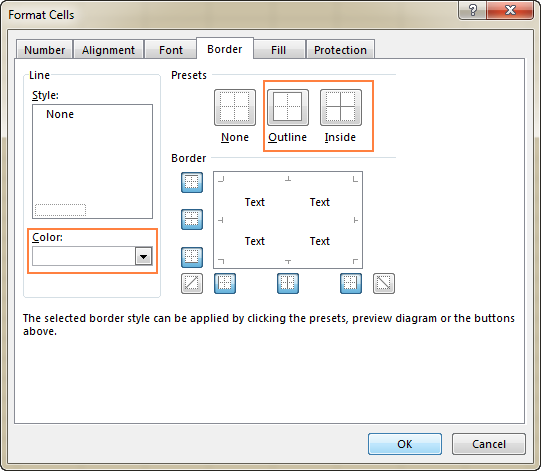 The Border options to hide gridlines in the selected cells