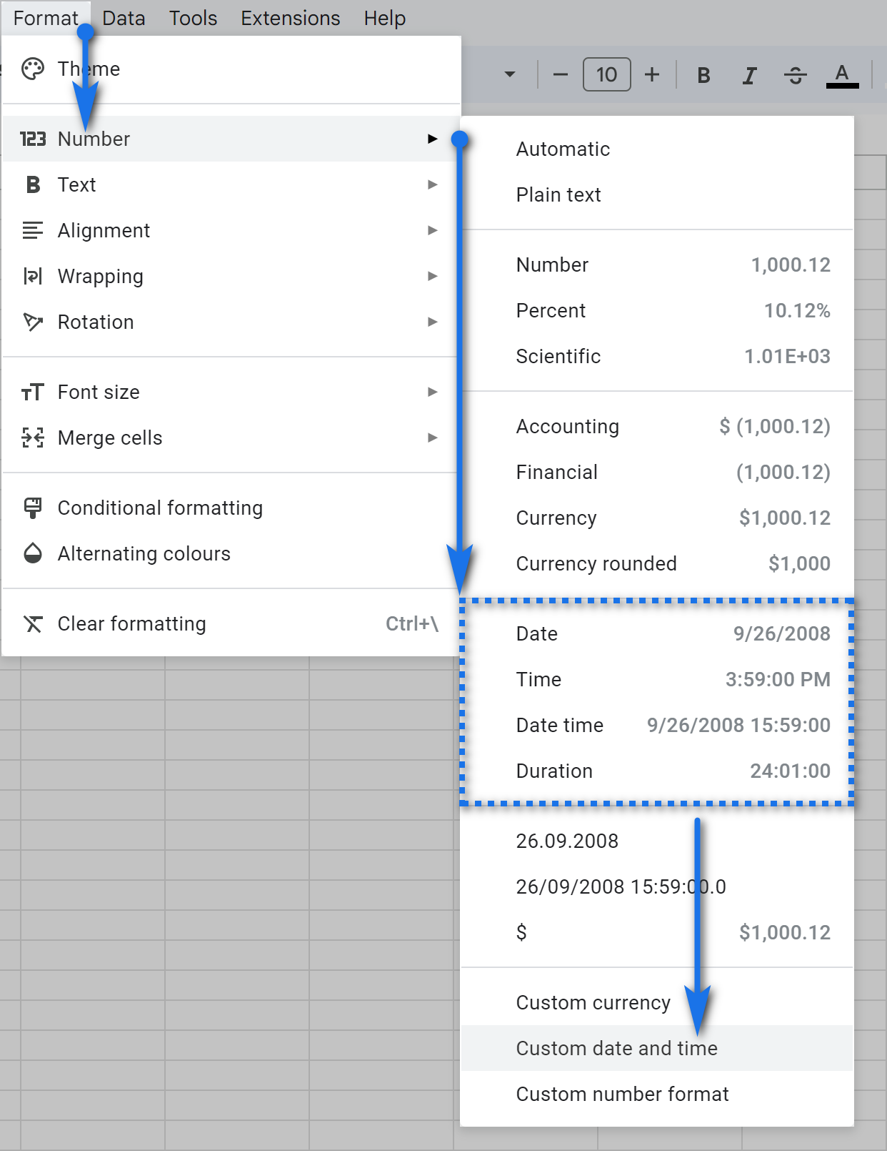 Choose the existing date and time format or create a custom one in Google Sheets.