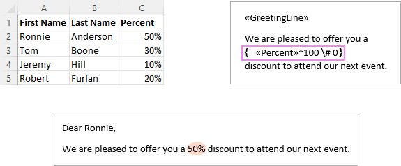 Format Excel percentages in mail merge