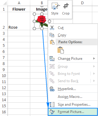 To embed the picture into a cell, change its properties.