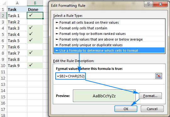 Conditional formatting rule for the tick symbol