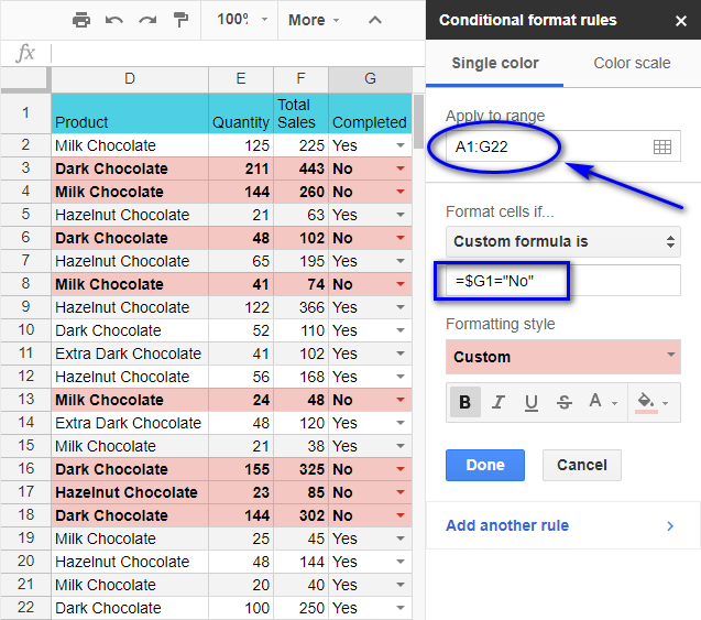 Format the entire row based on the condition in one column