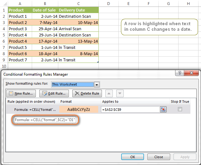 A row is highlighted when text in column C is changed to a date.