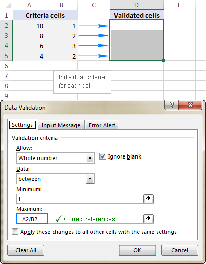 Correct cell references in a data validation formula