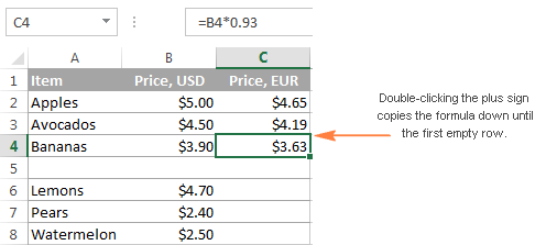 Double-clicking the plus sign copies the formula down until the first empty row.