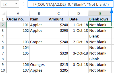 Formula to identify blank rows in Excel