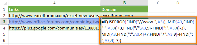 Excel formula to extract domain names from URLs