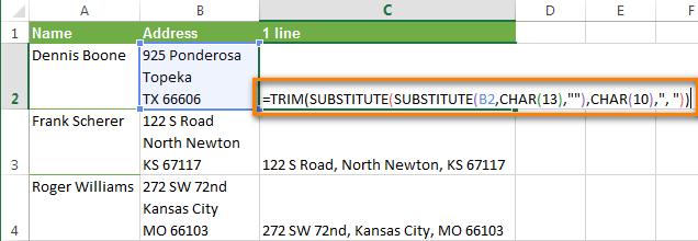 Excel formula to delete carriage returns from cells