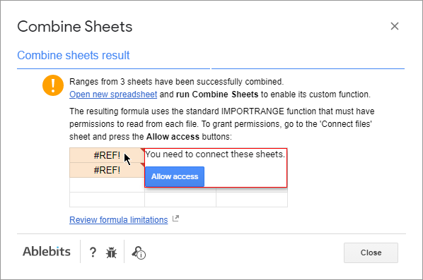 The resulting message with the instructions on how to connect the files.