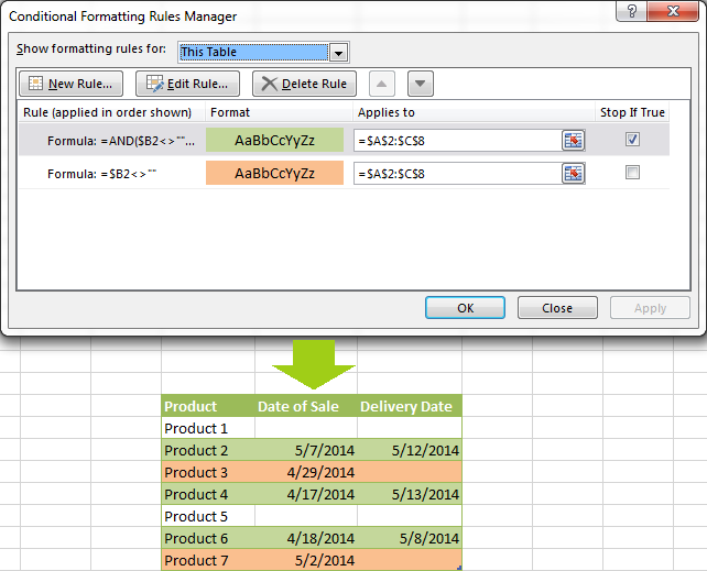 Conditional formatting rules to highlight rows based on other cells being blank or not blank