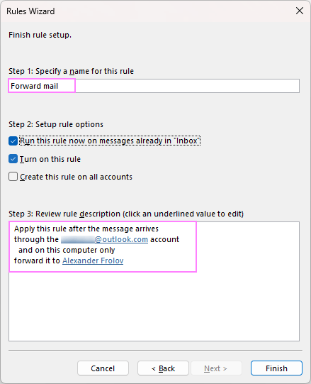 Outlook forwarding rule