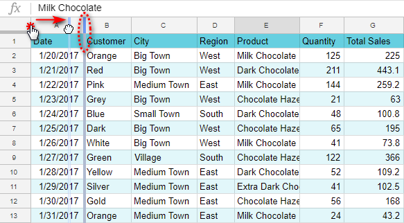 Freeze columns using the mouse only.