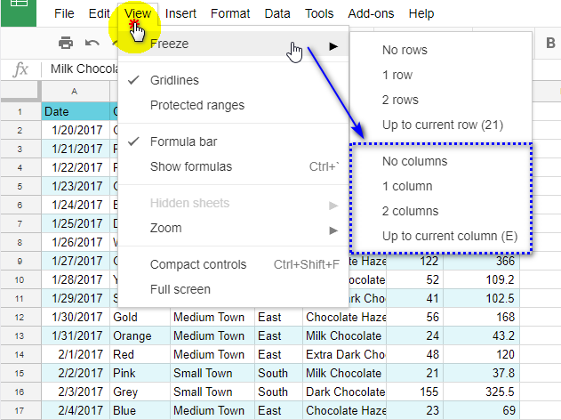 Freeze columns in Google Sheets.