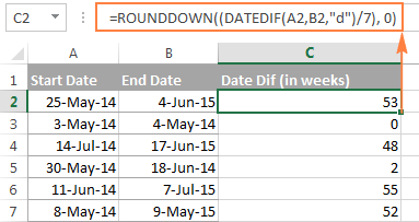 Calculating how many full weeks there are between two dates