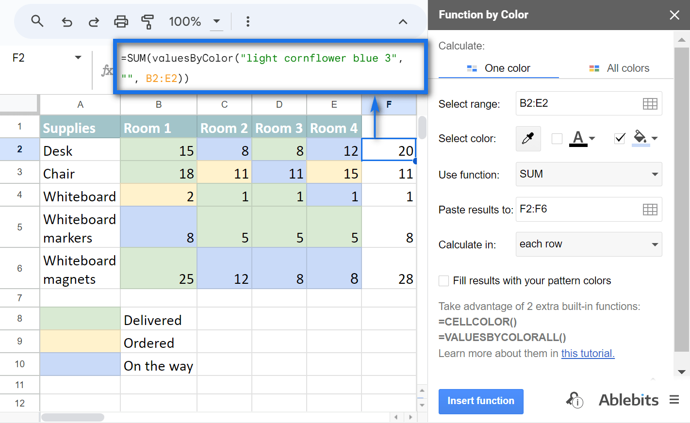 Use Function by Color to SUM cells with a 'light cornflower blue 3' background.