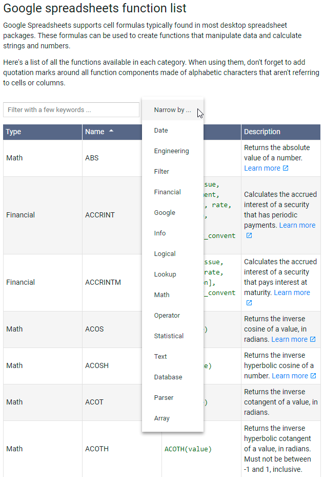 Functions in Google Sheets.