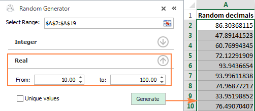 Generating random decimal numbers in Excel