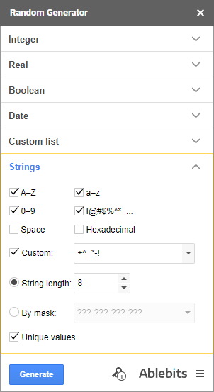 Use the Strings group to generate passwords.