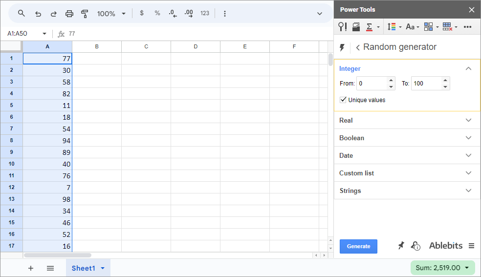 Populate the range with unique random integers.