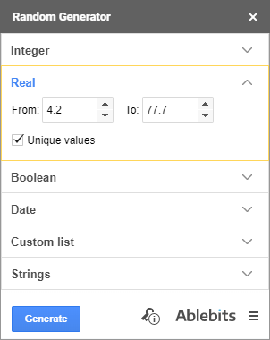 Populate the range with real numbers.