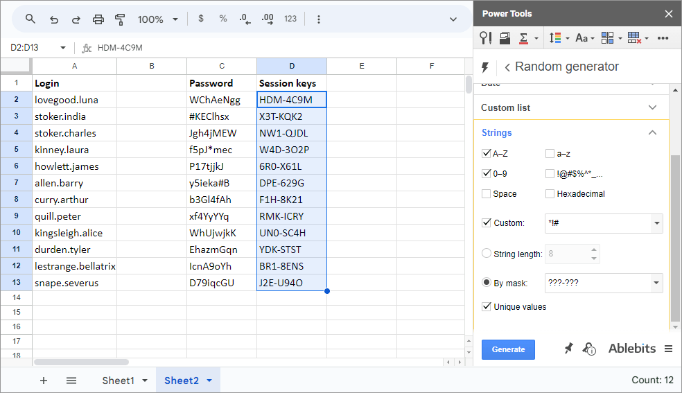 Generate keys and strong passwords, use masks to arrange symbols as you need.