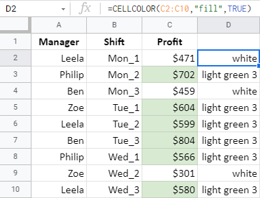 CELLCOLOR function returns the name of the fill color for each cell in the range.