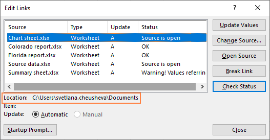 Check links in Excel by using the Edit Links feature.