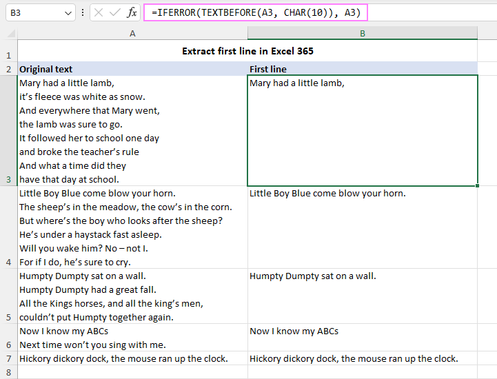 Get the first line of text in Excel 365.