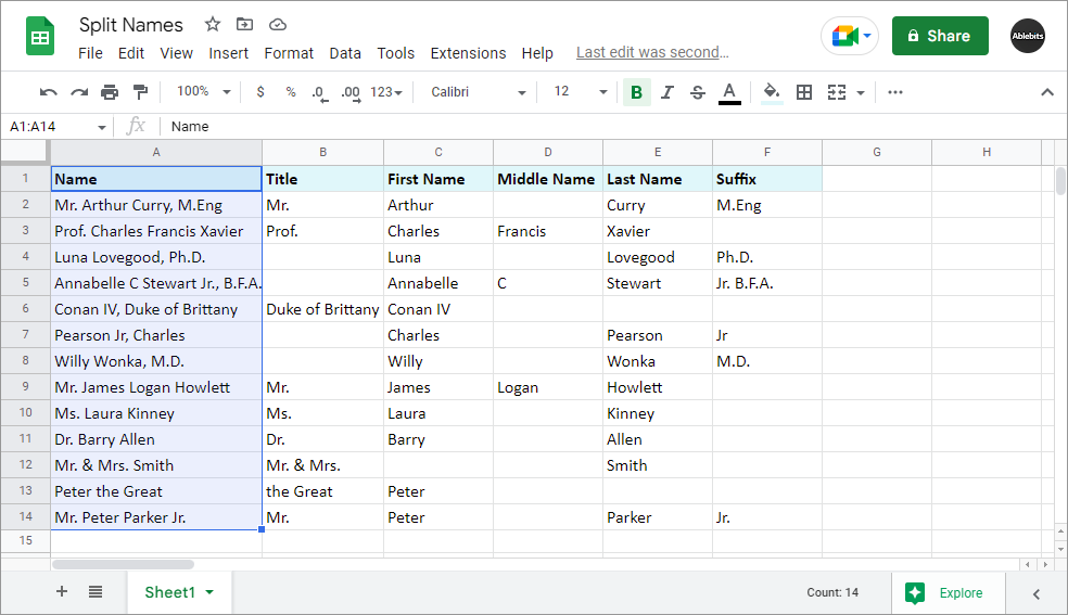 Split full names in Google Sheets into multiple columns.