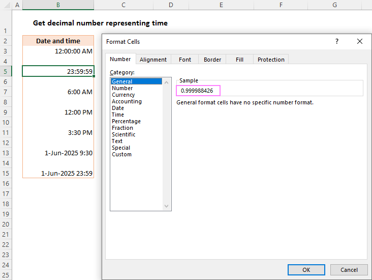 Get a decimal number representing the time in Excel.