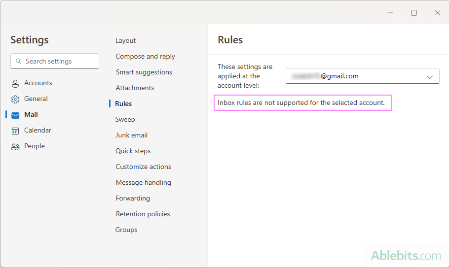 Outlook rules cannot be created for Gmail and Yahoo accounts.