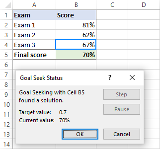 The result of goal seeking the minimal score to pass the exam.