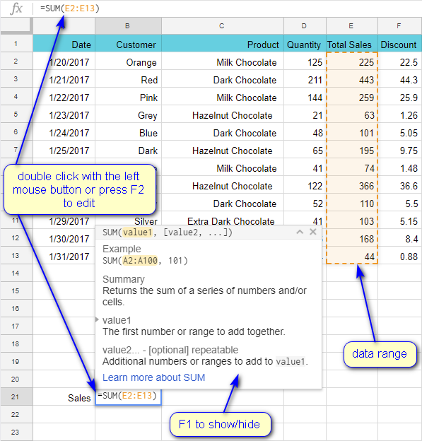 Formulas and their hints in Google Sheets.