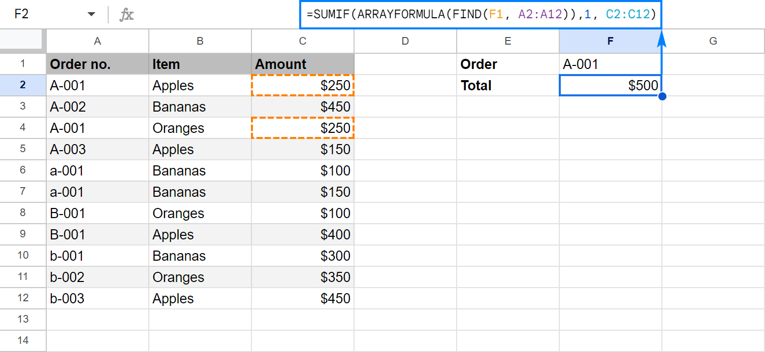 Case-sensitive SUMIF formula in Google Sheets