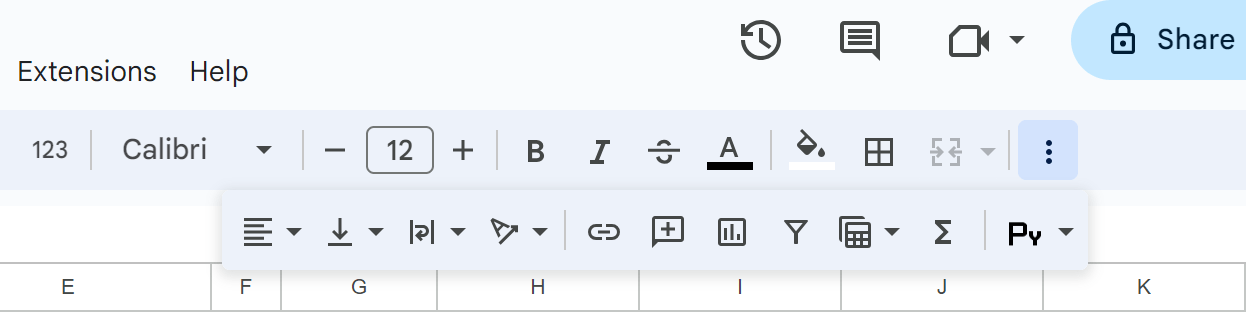 Formatting tools available in Google Sheets.